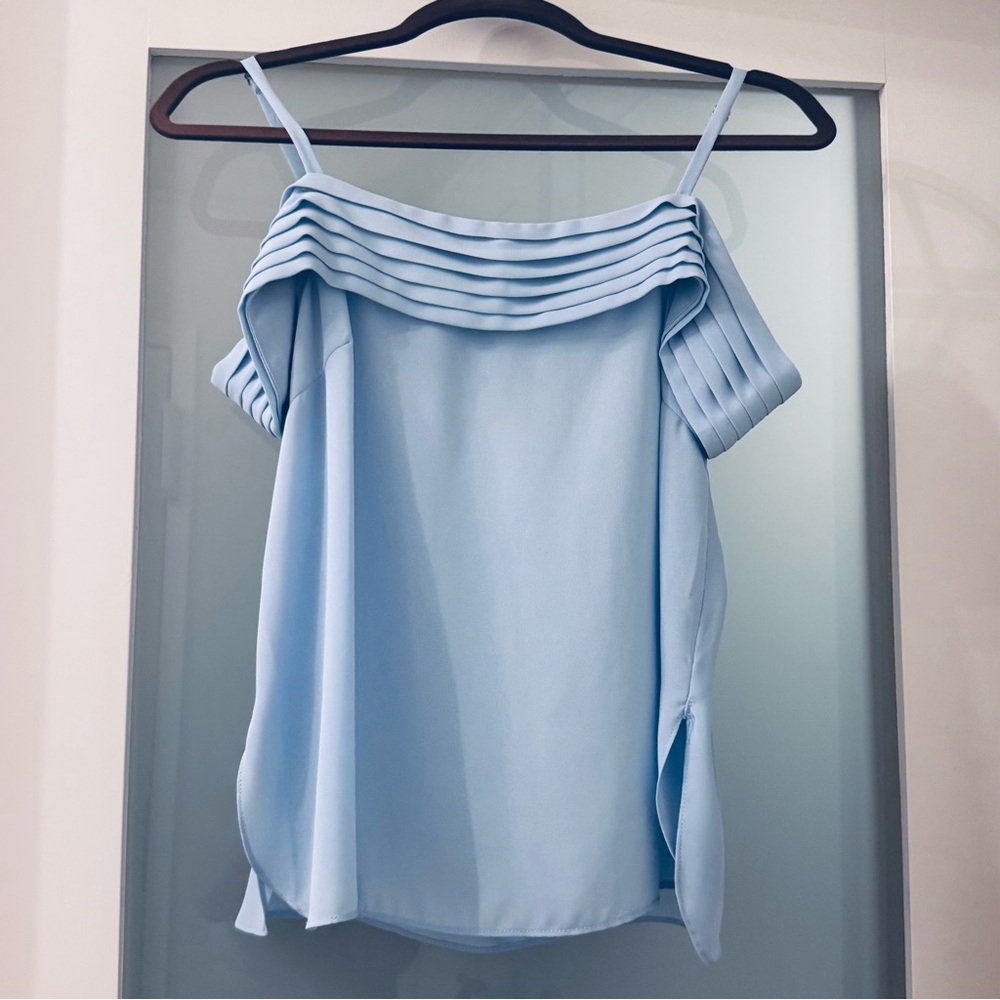 Aqua Off-the-Shoulder Pleated Blouse